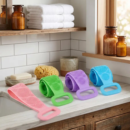 Double-Sided Silicone Back Scrubber, Flexible Exfoliating Shower Brush Strap, Back to School Essential