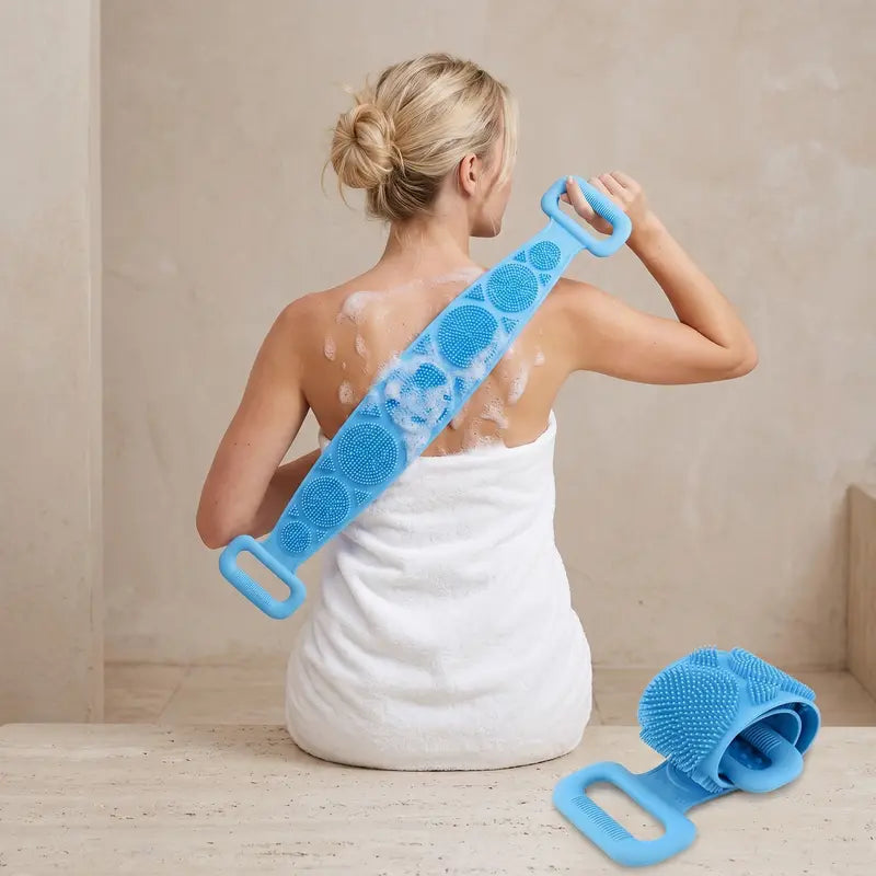 Double-Sided Silicone Back Scrubber, Flexible Exfoliating Shower Brush Strap, Back to School Essential